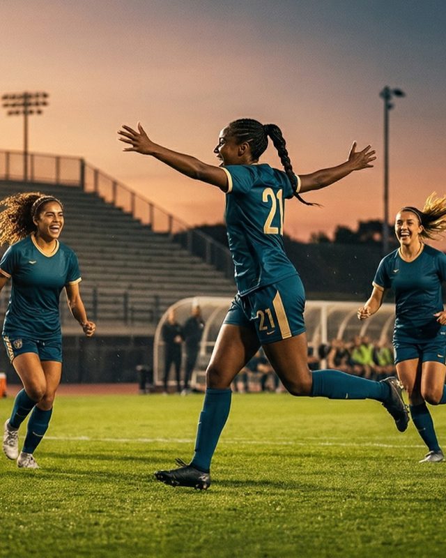 Sample athlete celebrating a goal with her teammates at dusk