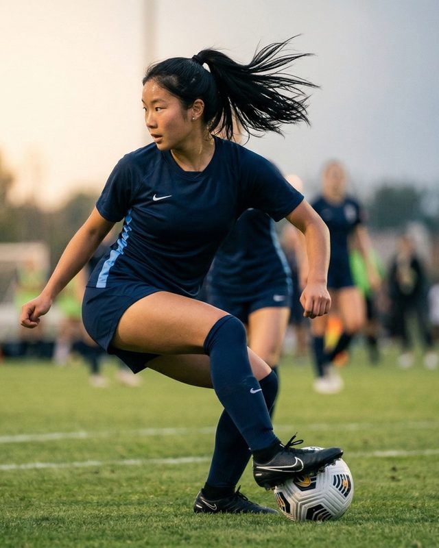 Sample athlete turning with the ball at her feet