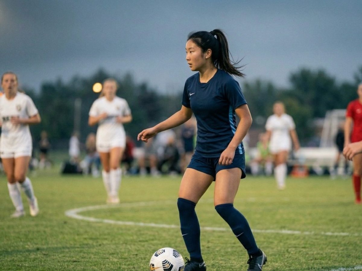 Maya Chen scanning the field with the ball at her feet
