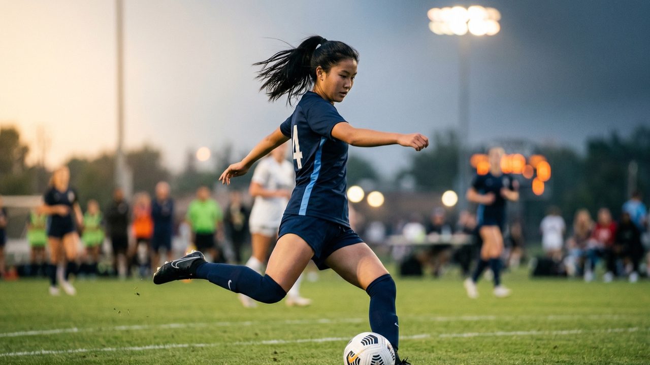 Maya Chen striking the ball in a night game